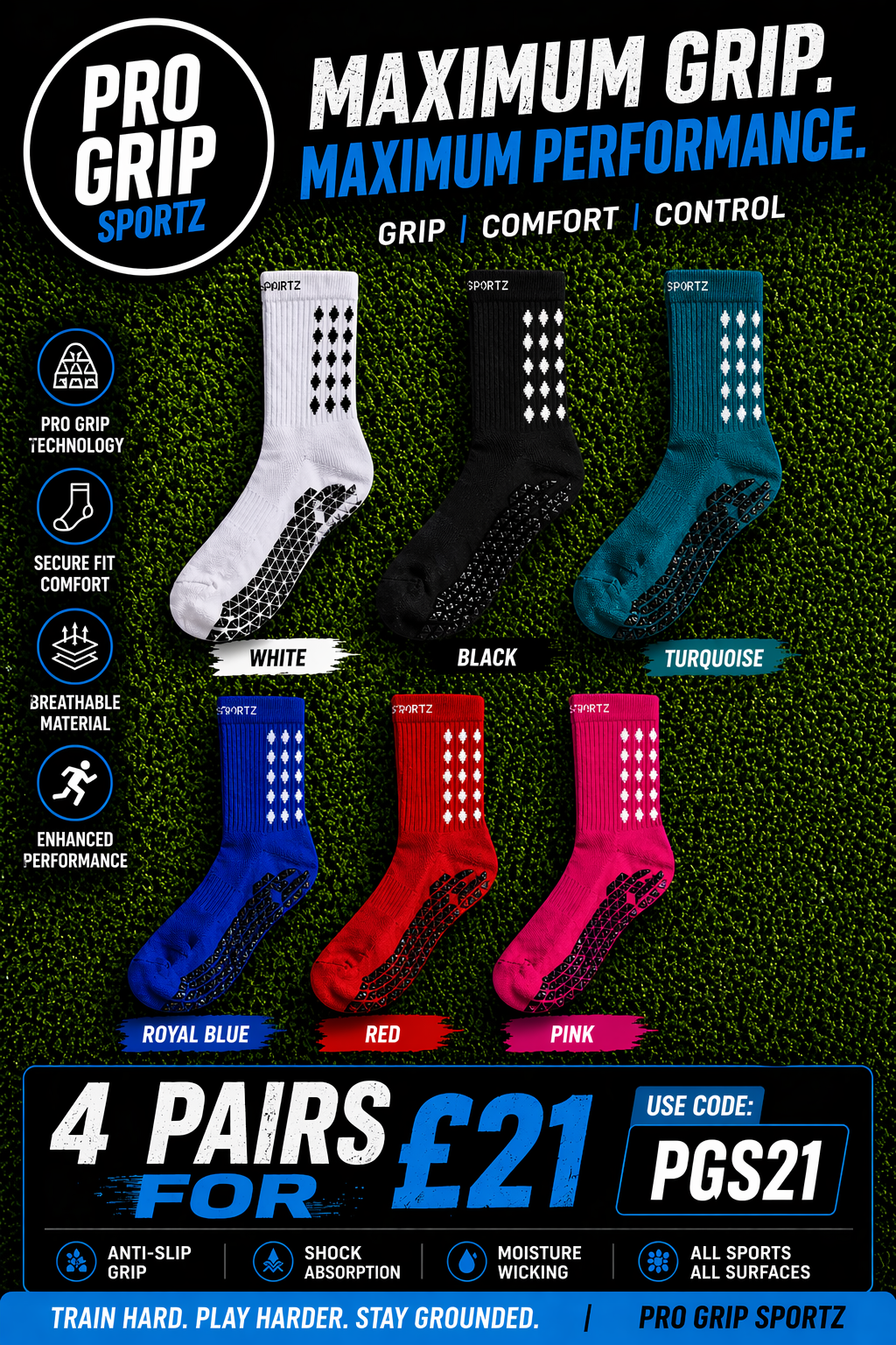 Pro Grip Sportz Grip Socks £7 Each or 4 For £21 Use Code - PGS21